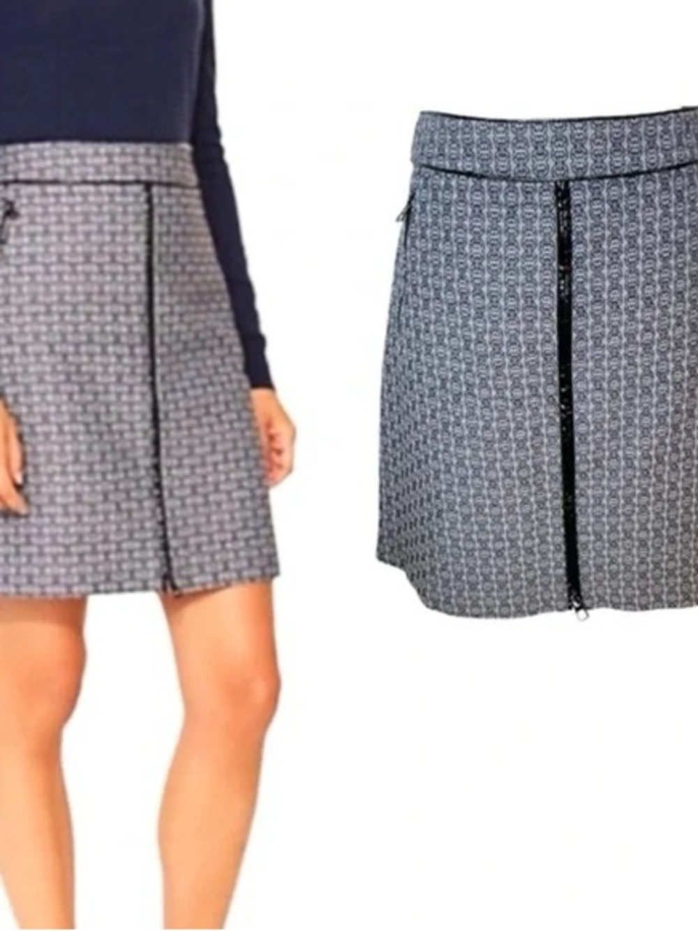Tory Burch Navy & White Geo Front-Zip Mini Skirt - Picture 2 of 9